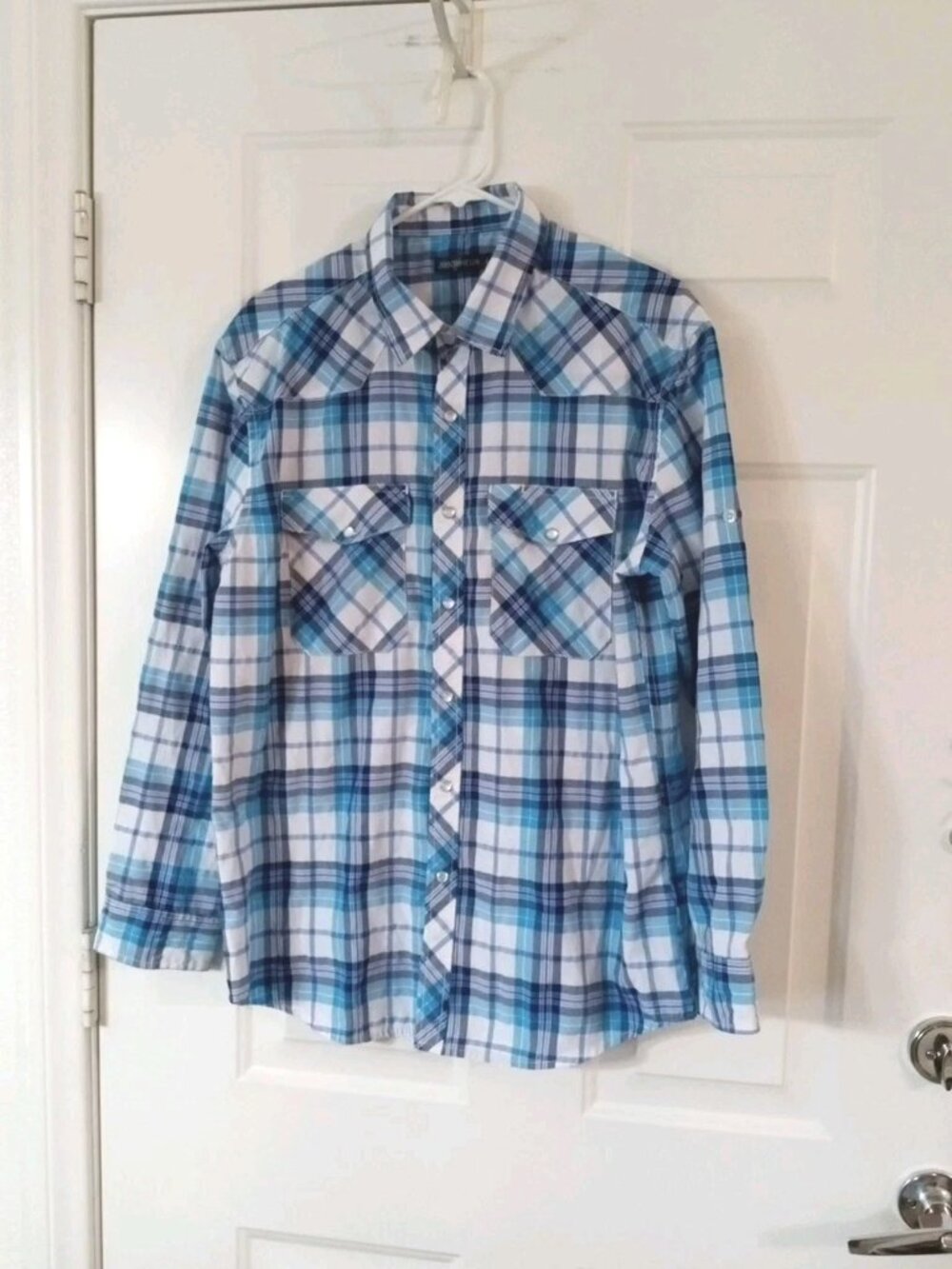 Jmbonheur Men's Large Blue Plaid Western Pearl Snap Button Up Long Sleeve Shirt
